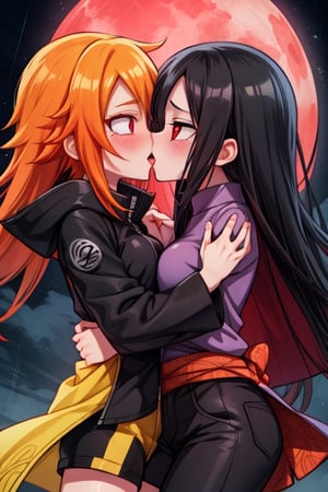 8k resolution, high resolution, masterpiece, intricate details, highly detailed, HD quality, solo, loli, dark background, black desert, scarlet moon,red moon, moon, rain,  2_girls, girls kissing, Naruko uzumaki.red eyes.(Naruko uzumaki has red eyes).blonde.yellow hair.Naruko uzumaki's clothes.black coat.black pants.a gentle expression.a satisfied expression.a playful expression.(Naruko towers over her partner), Karin Uzumaki.scarlet hair.red eyes.Karin Uzumaki's clothes.shinobi clothes.grey T-shirt with cutouts on the sides.black shorts.thoughtful expression.happy recovery.joyful expression, kiss, two girls kissing, naruko and wednesday kissing, spittle, lesbian kiss, yuri, detailed kiss, kiss with tongues, detailed languages, focus on the whole body, the whole body in the frame, small breasts, rich colors, vibrant colors, detailed eyes, super detailed, extremely beautiful graphics, super detailed skin, best quality, highest quality, high detail, masterpiece, detailed skin, perfect anatomy, perfect body, perfect hands, perfect fingers, complex details, reflective hair, textured hair, best quality,super detailed,complex details, high resolution,

,jtveemo,himenoa,Star vs. the Forces of Evil ,Naruto,Landidzu,arcane style,Oerlord,DAGASI,Karin