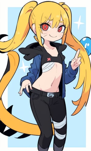 masterpiece, best quality, spectacular, solo, Naruko_Uzumaki, yellow hair, two pigtails, red eyes, elongated vertical pupils, small breasts, loli, cheeky smile, straight pose, looks at the viewer, hands tied with black bandages, forearms tied with black bandages, black belt, black pants, chest bandaged black bandages, perfect eyes, perfect body, perfect anatomy , cartoon, naruto,Cromachina,wagashi,Mrploxykun,Eiken3kyuboy