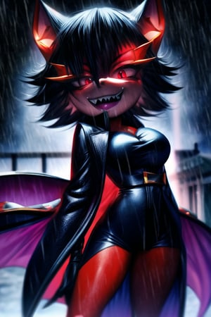 8k resolution, high resolution, masterpiece, long black scaly coat, open coat,  white trickster mask,mocking smile painted on the mask,red smile, fanged smile,red eyes painted on the mask,squinted eyes, black gloves, black pants, arms thrown to the side, looking at the viewer, scarlet lightning in the background, rain, thunderstorm, the whole body in the frame, solo, 