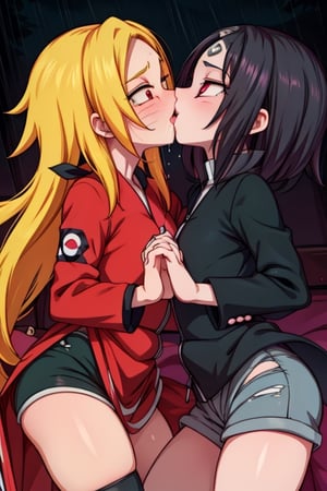 8k resolution, high resolution, masterpiece, intricate details, highly detailed, HD quality, solo, loli, dark background, black desert, scarlet moon,red moon, moon, rain,  2_girls, girls kissing, Naruko uzumaki.red eyes.(Naruko uzumaki has red eyes).blonde.yellow hair.Naruko uzumaki's clothes.black coat.black pants.a gentle expression.a satisfied expression.a playful expression.(Naruko towers over her partner), Sakura Haruno.green eyes.(Sakura Haruno has green eyes).pink hair.short hair.(Haruno Sakura's clothes.red dress with cutouts on the sides.black tight shorts.an embarrassed expression.a happy expression.amorous expression, kiss, two girls kissing, naruko and wednesday kissing, spittle, lesbian kiss, yuri, detailed kiss, kiss with tongues, detailed languages, focus on the whole body, the whole body in the frame, small breasts, rich colors, vibrant colors, detailed eyes, super detailed, extremely beautiful graphics, super detailed skin, best quality, highest quality, high detail, masterpiece, detailed skin, perfect anatomy, perfect body, perfect hands, perfect fingers, complex details, reflective hair, textured hair, best quality,super detailed,complex details, high resolution,

Shadbase,Ankha,USA,Sonique,Sonic,Naruto,Wednesday Addams  ,kiss,JCM2,Naruko,Shadbase ,Mrploxykun, Addams ,Artist,haruno sakura