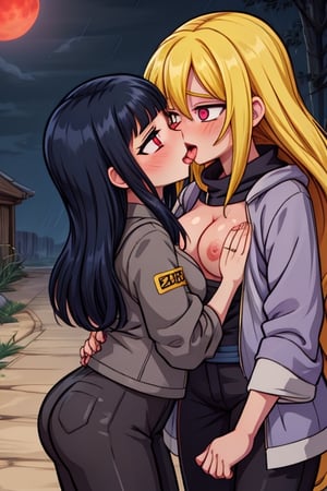 8k resolution, high resolution, masterpiece, intricate details, highly detailed, HD quality, solo, loli, dark background, black desert, scarlet moon,red moon, moon, rain,  2_girls, girls kissing, Naruko uzumaki.red eyes.(Naruko uzumaki has red eyes).blonde.yellow hair.Naruko uzumaki's clothes.black coat.black pants.a gentle expression.a satisfied expression.a playful expression.(Naruko towers over her partner), Hinata Hyuga.dark blue hair.pale lilac eyes.no pupils.Hinata Hugo's clothes.shinobi clothes.grey jacket.black pants.an embarrassed expression.happy recovery.joyful expression, kiss, two girls kissing, naruko and wednesday kissing, spittle, lesbian kiss, yuri, detailed kiss, kiss with tongues, detailed languages, focus on the whole body, the whole body in the frame, small breasts, rich colors, vibrant colors, detailed eyes, super detailed, extremely beautiful graphics, super detailed skin, best quality, highest quality, high detail, masterpiece, detailed skin, perfect anatomy, perfect body, perfect hands, perfect fingers, complex details, reflective hair, textured hair, best quality,super detailed,complex details, high resolution,

