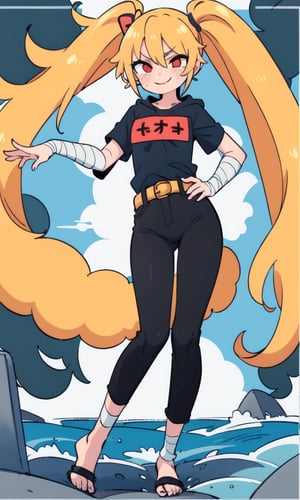 masterpiece, best quality, spectacular, solo, Naruko_Uzumaki, yellow hair, two pigtails, red eyes, elongated vertical pupils, small breasts, loli, cheeky smile, straight pose, looks at the viewer, scarlet cloak, hands tied with black bandages, forearms tied with black bandages, black belt, black pants, black t-shirt with the red sign of the whirlpool, perfect eyes, perfect body, perfect anatomy , cartoon, Naruto