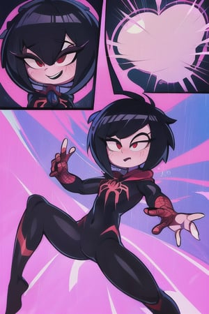 8k resolution, high resolution, masterpiece, intricate details, highly detailed, HD quality, solo, loli, short stature, little girls, only girls, dark background, rain, scarlet moon, crimson moon, moon, moon on the background, science fiction, science fiction city, red neon, blood red neon, burgundy red neon,

Peni Parker.red eyes.shining scarlet eyes.shining eyes.black hair.short haircut.slim build.teenage girl.Spiderman.Marvel.superhero.young woman.slim build.the red web.tight-fitting suit.black and red clothes.black spider print on the chest.black spider emblem.spider print.black print.hood.stretched hood.cheked smile.funny expression.fighting pose,

focus on the whole body, the whole body in the frame, the body is completely in the frame, the body does not leave the frame, detailed hands, detailed fingers, perfect body, perfect anatomy, wet bodies, rich colors, vibrant colors, detailed eyes, super detailed, extremely beautiful graphics, super detailed skin, best quality, highest quality, high detail, masterpiece, detailed skin, perfect anatomy, perfect body, perfect hands, perfect fingers, complex details, reflective hair, textured hair, best quality,super detailed,complex details, high resolution,

,AGGA_ST011,ChronoTemp ,illya,Star vs. the Forces of Evil ,Captain kirb,jtveemo,JCM2,Mrploxykun,Gerph ,Jago,Overlord,Artist,penini,C7b3rp0nkStyle,High detailed ,neon palette,perfecteyes,horror,fantasy00d,Eiken3kyuboy,kobayashi-san chi no maid dragon 