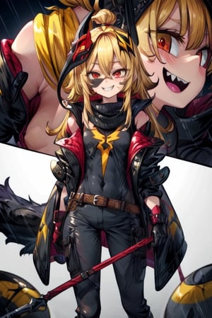 8k resolution, high resolution, masterpiece, long black scaly coat, open coat, yellow hair, white trickster mask,mocking smile painted on the mask,red smile, fanged smile,red eyes painted on the mask,squinted eyes, black gloves, black pants, arms thrown to the side, looking at the viewer, scarlet lightning in the background, rain, thunderstorm, the whole body in the frame, solo, detailed eyes, super detailed, extremely beautiful graphics, super detailed skin, best quality, highest quality, high detail, masterpiece, detailed skin, perfect anatomy, perfect hands, perfect fingers, complex details, reflective hair, textured hair, best quality, super detailed, complex details, high resolution, looking at the viewer, rich colors,Mrploxykun,JCM2,High detailed ,perfecteyes,Color magic,War of the Visions  