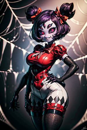8k resolution, high resolution, masterpiece,  intricate details, highly detailed, HD quality, best quality, vibrant colors, 1girl,muffet,(muffetwear), monster girl,((purple body:1.3)),humanoid, arachnid, anthro,((fangs)),pigtails,hair bows,5 eyes,spider girl,6 arms,solo,clothed,6 hands,detailed hands,((spider webs:1.4)),bloomers,red and black clothing, armwear,  detailed eyes, super detailed, extremely beautiful graphics, super detailed skin, best quality, highest quality, high detail, masterpiece, detailed skin, perfect anatomy, perfect hands, perfect fingers, complex details, reflective hair, textured hair, best quality, super detailed, complex details, high resolution, looking at the viewer, rich colors, ,muffetwear