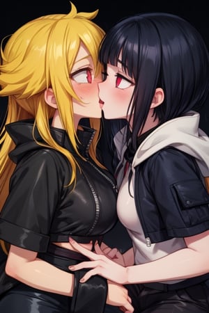 8k resolution, high resolution, masterpiece, intricate details, highly detailed, HD quality, solo, loli, dark background, black desert, scarlet moon,red moon, moon, rain,  2_girls, girls kissing, Naruko uzumaki.red eyes.(Naruko uzumaki has red eyes).blonde.yellow hair.Naruko uzumaki's clothes.black coat.black pants.a gentle expression.a satisfied expression.a playful expression.(Naruko towers over her partner), Hinata Hyuga.dark blue hair.pale lilac eyes.no pupils.Hinata Hugo's clothes.shinobi clothes.grey jacket.black pants.an embarrassed expression.happy recovery.joyful expression, kiss, two girls kissing, naruko and wednesday kissing, spittle, lesbian kiss, yuri, detailed kiss, kiss with tongues, detailed languages, focus on the whole body, the whole body in the frame, small breasts, rich colors, vibrant colors, detailed eyes, super detailed, extremely beautiful graphics, super detailed skin, best quality, highest quality, high detail, masterpiece, detailed skin, perfect anatomy, perfect body, perfect hands, perfect fingers, complex details, reflective hair, textured hair, best quality,super detailed,complex details, high resolution,

,jtveemo,himenoa