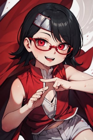 8k resolution, high resolution, masterpiece, intricate details, highly detailed, HD quality, solo, short stature, only girls, dark background, rain, scarlet moon, crimson moon, moon, moon on the background, 

Sarada Uchiha.red eyes.black hair.short hair.bangs on the forehead.slim build.a teenage girl.The clothes of the Uchiha Succession.shinobi clothes.sexy clothes.red vest.thin vest.white shorts.loose shorts.glasses.smile.a crazy smile.a cheeky expression.crazy expression.an insanely cheerful expression.a conspiratorial expression.sexy pose.fighting pose.lustful pose.perverted pose, 

flat chest, focus on the whole body, the whole body in the frame, the body is completely in the frame, the body does not leave the frame, detailed hands, detailed fingers, perfect body, perfect anatomy, wet bodies, rich colors, vibrant colors, detailed eyes, super detailed, extremely beautiful graphics, super detailed skin, best quality, highest quality, high detail, masterpiece, detailed skin, perfect anatomy, perfect body, perfect hands, perfect fingers, complex details, reflective hair, textured hair, best quality,super detailed,complex details, high resolution,

,perfecteyes,USA,Mrploxykun,jtveemo,JCM2,Captain kirb,Artist,AGGA_ST011,fantai12,Oerlord,arcane style,らす ,The Pink Pirate,Saradauchiha