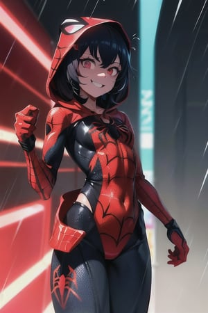 8k resolution, high resolution, masterpiece, intricate details, highly detailed, HD quality, solo, loli, short stature, little girls, only girls, dark background, rain, scarlet moon, crimson moon, moon, moon on the background, science fiction, science fiction city, red neon, blood red neon, burgundy red neon,

Black spider-man mask.red lenses.shining scarlet lenses.shiny lenses.slim build.a teenage girl. Spider-Man. Miracle.a superhero.slim build.the red web.tight-fitting suit.black and red clothes.red spider print on the chest.the emblem of the red spider.spider print.red print.hood.stretched hood.a smile in a cage.fighting pose.spider pose.superhero pose,

focus on the whole body, the whole body in the frame, the body is completely in the frame, the body does not leave the frame, detailed hands, detailed fingers, perfect body, perfect anatomy, wet bodies, rich colors, vibrant colors, detailed eyes, super detailed, extremely beautiful graphics, super detailed skin, best quality, highest quality, high detail, masterpiece, detailed skin, perfect anatomy, perfect body, perfect hands, perfect fingers, complex details, reflective hair, textured hair, best quality,super detailed,complex details, high resolution,

,Overlord,neon palette,JCM2