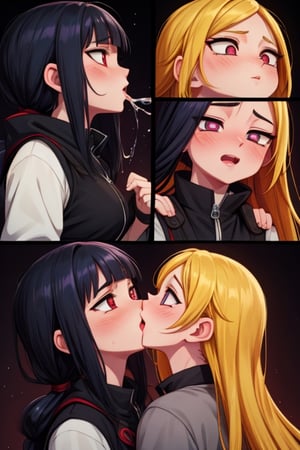 8k resolution, high resolution, masterpiece, intricate details, highly detailed, HD quality, solo, loli, dark background, black desert, scarlet moon,red moon, moon, rain,  2_girls, girls kissing, Naruko uzumaki.red eyes.(Naruko uzumaki has red eyes).blonde.yellow hair.Naruko uzumaki's clothes.black coat.black pants.a gentle expression.a satisfied expression.a playful expression.(Naruko towers over her partner), Hinata Hyuga.dark blue hair.pale lilac eyes.no pupils.Hinata Hugo's clothes.shinobi clothes.grey jacket.black pants.an embarrassed expression.happy recovery.joyful expression, kiss, two girls kissing, naruko and wednesday kissing, spittle, lesbian kiss, yuri, detailed kiss, kiss with tongues, detailed languages, focus on the whole body, the whole body in the frame, small breasts, rich colors, vibrant colors, detailed eyes, super detailed, extremely beautiful graphics, super detailed skin, best quality, highest quality, high detail, masterpiece, detailed skin, perfect anatomy, perfect body, perfect hands, perfect fingers, complex details, reflective hair, textured hair, best quality,super detailed,complex details, high resolution,

,jtveemo,himenoa,Star vs. the Forces of Evil ,Naruto,Landidzu,arcane style