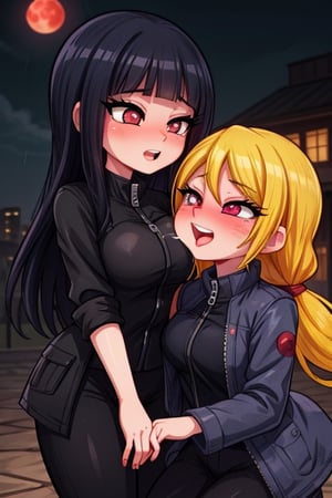 8k resolution, high resolution, masterpiece, intricate details, highly detailed, HD quality, solo, loli, dark background, black desert, scarlet moon,red moon, moon, rain,  2_girls, girls kissing, Naruko uzumaki.red eyes.(Naruko uzumaki has red eyes).blonde.yellow hair.Naruko uzumaki's clothes.black coat.black pants.a gentle expression.a satisfied expression.a playful expression.(Naruko towers over her partner), Hinata Hyuga.dark blue hair.pale lilac eyes.no pupils.Hinata Hugo's clothes.shinobi clothes.grey jacket.black pants.an embarrassed expression.happy recovery.joyful expression, kiss, two girls kissing, naruko and wednesday kissing, spittle, lesbian kiss, yuri, detailed kiss, kiss with tongues, detailed languages, focus on the whole body, the whole body in the frame, small breasts, rich colors, vibrant colors, detailed eyes, super detailed, extremely beautiful graphics, super detailed skin, best quality, highest quality, high detail, masterpiece, detailed skin, perfect anatomy, perfect body, perfect hands, perfect fingers, complex details, reflective hair, textured hair, best quality,super detailed,complex details, high resolution,

,jtveemo,himenoa,Star vs. the Forces of Evil ,Naruto,Landidzu