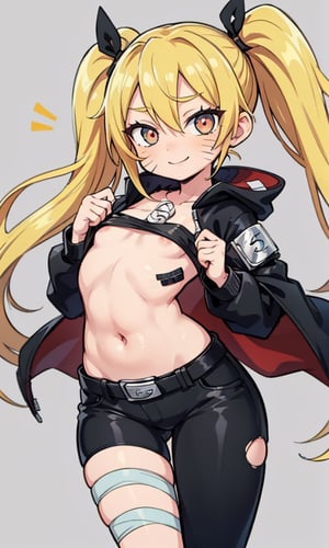 masterpiece, best quality, spectacular, solo, Naruko_Uzumaki, yellow hair, two pigtails, red eyes, elongated vertical pupils, small breasts, loli, cheeky smile, straight pose, looks at the viewer, scarlet cloak, hands tied with black bandages, forearms tied with black bandages, black belt, black pants, chest bandaged black bandages, perfect eyes, perfect body, perfect anatomy , cartoon, naruto,KezieDra,らす ,Ibukichi,Jadf