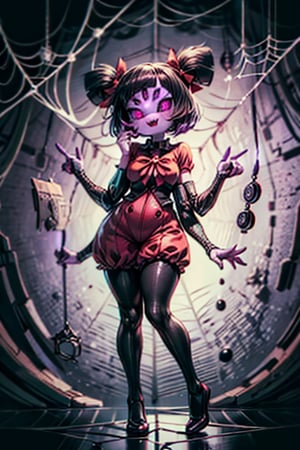 8k resolution, high resolution, masterpiece,  intricate details, highly detailed, HD quality, best quality, vibrant colors, 1girl,muffet,(muffetwear), monster girl,((purple body:1.3)),humanoid, arachnid, anthro,((fangs)),pigtails,hair bows,5 eyes,spider girl,6 arms,solo,clothed,6 hands,detailed hands,((spider webs:1.4)),bloomers,red and black clothing, armwear,  detailed eyes, super detailed, extremely beautiful graphics, super detailed skin, best quality, highest quality, high detail, masterpiece, detailed skin, perfect anatomy, perfect hands, perfect fingers, complex details, reflective hair, textured hair, best quality, super detailed, complex details, high resolution, looking at the viewer, rich colors, ,muffetwear,Shadbase ,JCM2,DAGASI,Oerlord,illya,In the style of gravityfalls,tensura,Mrploxykun,BORN-TO-DIE,Captain kirb