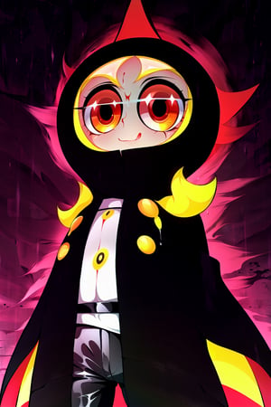Loli, solo, Naruko Uzumaki, red eyes, eyes emitting scarlet light, black sclera, absolutely black eyeballs, three thin black vertical stripes on both cheeks, shadow on the face, the upper part of the face is hidden by shadow, long black scaly coat, open coat, yellow hair, two ponytails, squinted eyes, black gloves, black trousers, arms outstretched, scarlet lightning in the background, rain, thunderstorm, the whole body in the frame,

,BloodOrangeMix ,SHADBASE,Mrploxykun,ChronoTemp ,Captain kirb