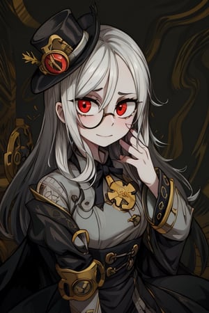 8k resolution, high resolution, masterpiece, intricate details, highly detailed, HD quality, solo, 1girl, loli, Steampunk dress, steampunk hat, top hat, black and gold clothing colors, gears in the background, dark background, white hair, long smooth hair, red eyes, pale skin, thin smile, thoughtful expression, thoughtful look, monocle on the right eye, looking at viewer, rich colors, vibrant colors, detailed eyes, super detailed, extremely beautiful graphics, super detailed skin, best quality, highest quality, high detail, masterpiece, detailed skin, perfect anatomy, perfect body, perfect hands, perfect fingers, complex details, reflective hair, textured hair, best quality, super detailed, complex details, high resolution,  

,A Traditional Japanese Art,Kakure Eria,ARTby Noise,Landidzu,HarryDraws,Shadbase ,Shadman,Glitching,Star vs. the Forces of Evil ,In the style of gravityfalls,Solo Levelling,I’ve Been Killing Slimes for 300 Years