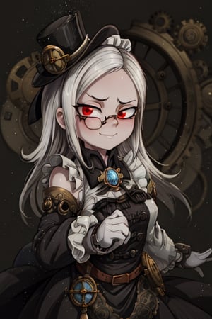 8k resolution, high resolution, masterpiece, intricate details, highly detailed, HD quality, solo, 1girl, loli, Steampunk dress, steampunk hat, top hat, black and gold clothing colors, gears in the background, dark background, white hair, long smooth hair, red eyes, pale skin, thin smile, thoughtful expression, thoughtful look, monocle on the right eye, looking at viewer, rich colors, vibrant colors, detailed eyes, super detailed, extremely beautiful graphics, super detailed skin, best quality, highest quality, high detail, masterpiece, detailed skin, perfect anatomy, perfect body, perfect hands, perfect fingers, complex details, reflective hair, textured hair, best quality, super detailed, complex details, high resolution,  

,A Traditional Japanese Art,Kakure Eria,ARTby Noise,Landidzu,HarryDraws,Shadbase ,Shadman,Glitching,Star vs. the Forces of Evil ,In the style of gravityfalls,Solo Levelling,I’ve Been Killing Slimes for 300 Years,kobayashi-san chi no maid dragon ,Oerlord,illya,tensura,the legend of korra,arcane style,wzrokudostyle,USA