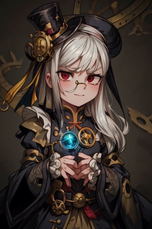 8k resolution, high resolution, masterpiece, intricate details, highly detailed, HD quality, solo, 1girl, loli, Steampunk dress, steampunk hat, top hat, black and gold clothing colors, gears in the background, dark background, white hair, long smooth hair, red eyes, pale skin, thin smile, thoughtful expression, thoughtful look, monocle on the right eye, looking at viewer, rich colors, vibrant colors, detailed eyes, super detailed, extremely beautiful graphics, super detailed skin, best quality, highest quality, high detail, masterpiece, detailed skin, perfect anatomy, perfect body, perfect hands, perfect fingers, complex details, reflective hair, textured hair, best quality, super detailed, complex details, high resolution,  

,A Traditional Japanese Art,Kakure Eria,ARTby Noise,Landidzu,HarryDraws,Shadbase ,Shadman,Glitching,Star vs. the Forces of Evil ,In the style of gravityfalls,Solo Levelling,I’ve Been Killing Slimes for 300 Years,kobayashi-san chi no maid dragon ,Oerlord,illya,tensura,the legend of korra,arcane style