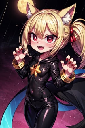 8k resolution, high resolution, masterpiece, intricate details, highly detailed, HD quality, solo, loli, short stature, little girls, only girls, dark background, rain, scarlet moon, crimson moon, moon, moon on the background, 

Red eyes.black sclera.vertical pupil.cat's pupil.glowing eyes.fangs.fox ears.a fox's tail behind his back.claws on the fingers.claw.black claws.small claws.blonde.yellow hair.long hair.straight hair.two ponytails.black scaly coat.black pants.an evil expression.grin.a joyful expression.fighting pose, 

focus on the whole body, the whole body in the frame, the body is completely in the frame, the body does not leave the frame, detailed hands, detailed fingers, perfect body, perfect anatomy, wet bodies, rich colors, vibrant colors, detailed eyes, super detailed, extremely beautiful graphics, super detailed skin, best quality, highest quality, high detail, masterpiece, detailed skin, perfect anatomy, perfect body, perfect hands, perfect fingers, complex details, reflective hair, textured hair, best quality,super detailed,complex details, high resolution,

,jcdDX_soul3142,JCM2,High detailed ,USA,Color magic,AmyRose,Mrploxykun,Sonic,perfecteyes,Artist,AGGA_ST011,AGGA_ST005,rizdraws,fairy_tail_style,Oerlord,illya,hornet,HarryDraws,jtveemo,ChronoTemp ,Star vs. the Forces of Evil ,arcane style,Landidzu,Captain kirb,Saturated colors,Color saturation ,DAGASI