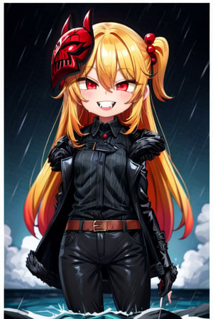 8k resolution, high resolution, masterpiece, long black scaly coat, open coat, yellow hair, white trickster mask,mocking smile painted on the mask,red smile, standing on a rock in the middle of the ocean, the whole body in the frame, fanged smile,red eyes painted on the mask,squinted eyes, black gloves, black pants, arms thrown to the side, looking at the viewer, scarlet lightning in the background, rain, thunderstorm, the whole body in the frame, solo, 