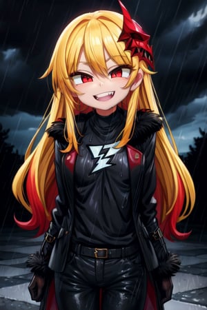 8k resolution, high resolution, masterpiece, long black scaly coat, open coat, yellow hair, white trickster mask,mocking smile painted on the mask,red smile, fanged smile,red eyes painted on the mask,squinted eyes, black gloves, black pants, arms thrown to the side, looking at the viewer, scarlet lightning in the background, rain, thunderstorm, the whole body in the frame, solo, 