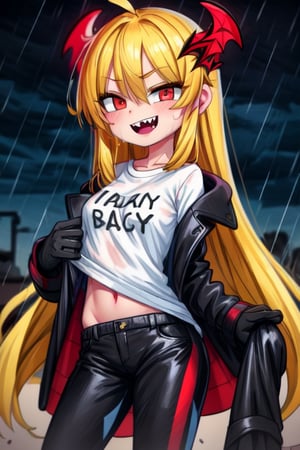 8k resolution, high resolution, masterpiece, long black scaly coat, open coat, yellow hair, white trickster mask,mocking smile painted on the mask,red smile, fanged smile,red eyes painted on the mask,squinted eyes, black gloves, black pants, arms thrown to the side, looking at the viewer, scarlet lightning in the background, rain, thunderstorm, the whole body in the frame, solo, the inscription on the T-shirt, the inscription, the best seductress of little girls


