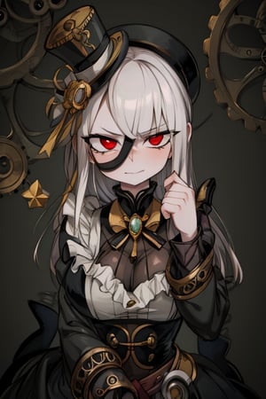 8k resolution, high resolution, masterpiece, intricate details, highly detailed, HD quality, solo, 1girl, loli, Steampunk dress, steampunk hat, top hat, black and gold clothing colors, gears in the background, dark background, white hair, long smooth hair, red eyes, pale skin, thin smile, thoughtful expression, thoughtful look, monocle on the right eye, looking at viewer, rich colors, vibrant colors, detailed eyes, super detailed, extremely beautiful graphics, super detailed skin, best quality, highest quality, high detail, masterpiece, detailed skin, perfect anatomy, perfect body, perfect hands, perfect fingers, complex details, reflective hair, textured hair, best quality, super detailed, complex details, high resolution,  

,A Traditional Japanese Art,Kakure Eria,ARTby Noise,Landidzu,HarryDraws,Shadbase ,Shadman,Glitching,Star vs. the Forces of Evil ,In the style of gravityfalls,Solo Levelling,I’ve Been Killing Slimes for 300 Years,kobayashi-san chi no maid dragon ,Oerlord,illya,tensura,the legend of korra,arcane style,wzrokudostyle,USA