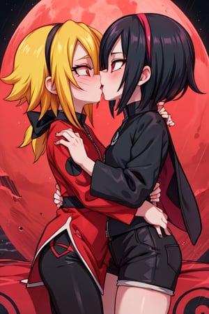 8k resolution, high resolution, masterpiece, intricate details, highly detailed, HD quality, solo, loli, dark background, black desert, scarlet moon,red moon, moon, rain,  2_girls, girls kissing, Naruko uzumaki.red eyes.(Naruko uzumaki has red eyes).blonde.yellow hair.Naruko uzumaki's clothes.black coat.black pants.a gentle expression.a satisfied expression.a playful expression.(Naruko towers over her partner), Sakura Haruno.pink hair.short hair.(Haruno Sakura's clothes.red dress with cutouts on the sides.black tight shorts.an embarrassed expression.a happy expression.amorous expression, kiss, two girls kissing, naruko and wednesday kissing, spittle, lesbian kiss, yuri, detailed kiss, kiss with tongues, detailed languages, focus on the whole body, the whole body in the frame, small breasts, rich colors, vibrant colors, detailed eyes, super detailed, extremely beautiful graphics, super detailed skin, best quality, highest quality, high detail, masterpiece, detailed skin, perfect anatomy, perfect body, perfect hands, perfect fingers, complex details, reflective hair, textured hair, best quality,super detailed,complex details, high resolution,

Shadbase,Ankha,USA,Sonique,Sonic,Naruto,Wednesday Addams  ,kiss,JCM2,Naruko,Shadbase ,Mrploxykun, Addams ,Artist,haruno sakura