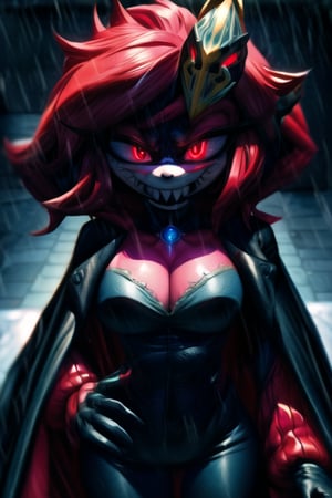 8k resolution, high resolution, masterpiece, long black scaly coat, open coat,  white trickster mask,mocking smile painted on the mask,red smile, fanged smile,red eyes painted on the mask,squinted eyes, black gloves, black pants, arms thrown to the side, looking at the viewer, scarlet lightning in the background, rain, thunderstorm, the whole body in the frame, solo, 