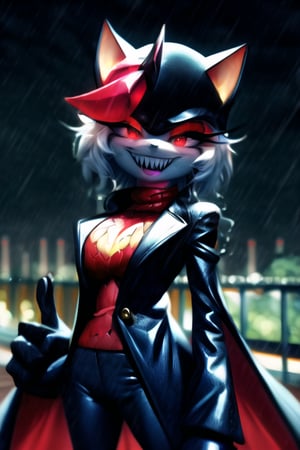 8k resolution, high resolution, masterpiece, long black scaly coat, open coat,  white trickster mask,mocking smile painted on the mask,red smile, fanged smile,red eyes painted on the mask,squinted eyes, black gloves, black pants, arms thrown to the side, looking at the viewer, scarlet lightning in the background, rain, thunderstorm, the whole body in the frame, solo, 