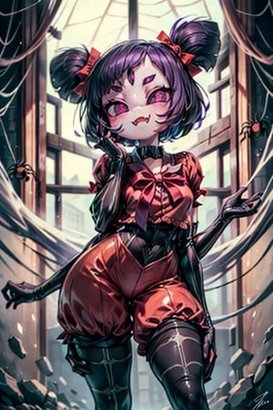 8k resolution, high resolution, masterpiece,  intricate details, highly detailed, HD quality, best quality, vibrant colors, 1girl,muffet,(muffetwear), monster girl,((purple body:1.3)),humanoid, arachnid, anthro,((fangs)),pigtails,hair bows,5 eyes,spider girl,6 arms,solo,clothed,6 hands,detailed hands,((spider webs:1.4)),bloomers,red and black clothing, armwear,  detailed eyes, super detailed, extremely beautiful graphics, super detailed skin, best quality, highest quality, high detail, masterpiece, detailed skin, perfect anatomy, perfect hands, perfect fingers, complex details, reflective hair, textured hair, best quality, super detailed, complex details, high resolution, looking at the viewer, rich colors, ,muffetwear,Shadbase ,JCM2,DAGASI,Oerlord,illya,In the style of gravityfalls,tensura,Mrploxykun,BORN-TO-DIE,Captain kirb