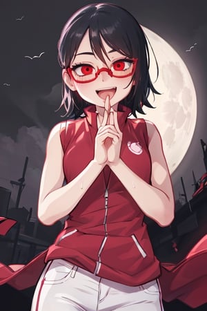 8k resolution, high resolution, masterpiece, intricate details, highly detailed, HD quality, solo, short stature, only girls, dark background, rain, scarlet moon, crimson moon, moon, moon on the background, loli,

Sarada Uchiha.red eyes.black hair.short hair.bangs on the forehead.slim build.a teenage girl.The clothes of the Uchiha Succession.shinobi clothes.sexy clothes.red vest.thin vest.white shorts.loose shorts.glasses.smile.a crazy smile.a cheeky expression.crazy expression.an insanely cheerful expression.conspiratorial expression.a depraved expression.tongue sticking out.depraved language.long tongue.the perfect language.detailed language.sexy pose.fighting pose.lustful pose.perverted pose, 

focus on the whole body, the whole body in the frame, the body is completely in the frame, the body does not leave the frame, detailed hands, detailed fingers, perfect body, perfect anatomy, wet bodies, rich colors, vibrant colors, detailed eyes, super detailed, extremely beautiful graphics, super detailed skin, best quality, highest quality, high detail, masterpiece, detailed skin, perfect anatomy, perfect body, perfect hands, perfect fingers, complex details, reflective hair, textured hair, best quality,super detailed,complex details, high resolution,

,perfecteyes,USA,Mrploxykun,jtveemo,JCM2,Captain kirb,Artist,AGGA_ST011,fantai12,Oerlord,arcane style,らす ,The Pink Pirate,Saradauchiha