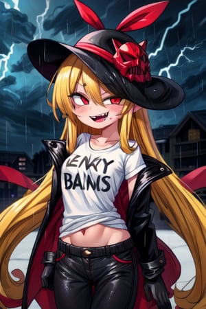 8k resolution, high resolution, masterpiece, long black scaly coat, open coat, yellow hair, white trickster mask,mocking smile painted on the mask,red smile, fanged smile,red eyes painted on the mask,squinted eyes, black gloves, black pants, arms thrown to the side, looking at the viewer, scarlet lightning in the background, rain, thunderstorm, the whole body in the frame, solo, the inscription on the T-shirt "the best seductress of little girls"



