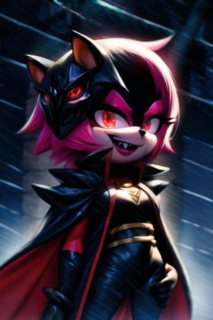 8k resolution, high resolution, masterpiece, long black scaly coat, open coat,  white trickster mask,mocking smile painted on the mask,red smile, fanged smile,red eyes painted on the mask,squinted eyes, black gloves, black pants, arms thrown to the side, looking at the viewer, scarlet lightning in the background, rain, thunderstorm, the whole body in the frame, solo, 