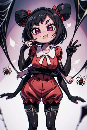 8k resolution, high resolution, masterpiece,  intricate details, highly detailed, HD quality, best quality, vibrant colors, 1girl,muffet,(muffetwear), monster girl,((purple body:1.3)),humanoid, arachnid, anthro,((fangs)),pigtails,hair bows,5 eyes,spider girl,6 arms,solo,clothed,6 hands,detailed hands,((spider webs:1.4)),bloomers,red and black clothing, armwear,  detailed eyes, super detailed, extremely beautiful graphics, super detailed skin, best quality, highest quality, high detail, masterpiece, detailed skin, perfect anatomy, perfect hands, perfect fingers, complex details, reflective hair, textured hair, best quality, super detailed, complex details, high resolution, looking at the viewer, rich colors, ,muffetwear,Shadbase ,JCM2,DAGASI,Oerlord,illya,In the style of gravityfalls,tensura,Mrploxykun,BORN-TO-DIE,Captain kirb,ChronoTemp ,spy x family style