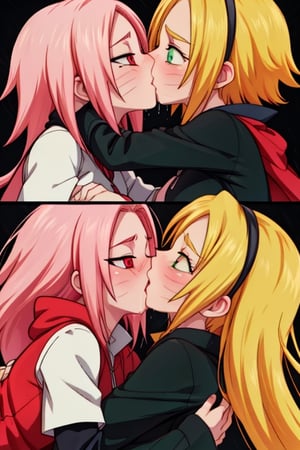 8k resolution, high resolution, masterpiece, intricate details, highly detailed, HD quality, solo, loli, dark background, black desert, scarlet moon,red moon, moon, rain,  2_girls, girls kissing, Naruko uzumaki.red eyes.(Naruko uzumaki has red eyes).blonde.yellow hair.Naruko uzumaki's clothes.black coat.black pants.a gentle expression.a satisfied expression.a playful expression.(Naruko towers over her partner), Sakura Haruno.green eyes.(Sakura Haruno has green eyes).pink hair.short hair.(Haruno Sakura's clothes.red dress with cutouts on the sides.black tight shorts.an embarrassed expression.a happy expression.amorous expression, kiss, two girls kissing, naruko and wednesday kissing, spittle, lesbian kiss, yuri, detailed kiss, kiss with tongues, detailed languages, focus on the whole body, the whole body in the frame, small breasts, rich colors, vibrant colors, detailed eyes, super detailed, extremely beautiful graphics, super detailed skin, best quality, highest quality, high detail, masterpiece, detailed skin, perfect anatomy, perfect body, perfect hands, perfect fingers, complex details, reflective hair, textured hair, best quality,super detailed,complex details, high resolution,

Shadbase,Ankha,USA,Sonique,Sonic,Naruto,Wednesday Addams  ,kiss,JCM2,Naruko,Shadbase ,Mrploxykun, Addams ,Artist,haruno sakura