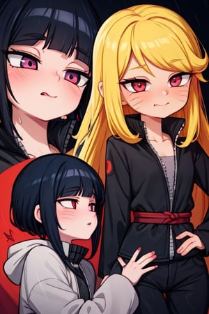 8k resolution, high resolution, masterpiece, intricate details, highly detailed, HD quality, solo, loli, dark background, black desert, scarlet moon,red moon, moon, rain,  2_girls, girls kissing, Naruko uzumaki.red eyes.(Naruko uzumaki has red eyes).blonde.yellow hair.Naruko uzumaki's clothes.black coat.black pants.a gentle expression.a satisfied expression.a playful expression.(Naruko towers over her partner), Hinata Hyuga.dark blue hair.pale lilac eyes.no pupils.Hinata Hugo's clothes.shinobi clothes.grey jacket.black pants.an embarrassed expression.happy recovery.joyful expression, kiss, two girls kissing, naruko and wednesday kissing, spittle, lesbian kiss, yuri, detailed kiss, kiss with tongues, detailed languages, focus on the whole body, the whole body in the frame, small breasts, rich colors, vibrant colors, detailed eyes, super detailed, extremely beautiful graphics, super detailed skin, best quality, highest quality, high detail, masterpiece, detailed skin, perfect anatomy, perfect body, perfect hands, perfect fingers, complex details, reflective hair, textured hair, best quality,super detailed,complex details, high resolution,

,jtveemo,himenoa,Star vs. the Forces of Evil ,Naruto