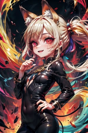 8k resolution, high resolution, masterpiece, intricate details, highly detailed, HD quality, solo, loli, short stature, little girls, only girls, dark background, rain, scarlet moon, crimson moon, moon, moon on the background, 

Red eyes.black sclera.vertical pupil.cat's pupil.glowing eyes.fangs.fox ears.a fox's tail behind his back.claws on the fingers.claw.black claws.small claws.blonde.yellow hair.long hair.straight hair.two ponytails.black scaly coat.black pants.an evil expression.grin.a joyful expression.fighting pose, 

focus on the whole body, the whole body in the frame, the body is completely in the frame, the body does not leave the frame, detailed hands, detailed fingers, perfect body, perfect anatomy, wet bodies, rich colors, vibrant colors, detailed eyes, super detailed, extremely beautiful graphics, super detailed skin, best quality, highest quality, high detail, masterpiece, detailed skin, perfect anatomy, perfect body, perfect hands, perfect fingers, complex details, reflective hair, textured hair, best quality,super detailed,complex details, high resolution,

,jcdDX_soul3142,JCM2,High detailed ,USA,Color magic,AmyRose,Mrploxykun,Sonic,perfecteyes,Artist,AGGA_ST011,AGGA_ST005,rizdraws,fairy_tail_style,Oerlord,illya,hornet,HarryDraws,jtveemo,ChronoTemp ,Star vs. the Forces of Evil ,arcane style,Landidzu,Captain kirb,Saturated colors,Color saturation 