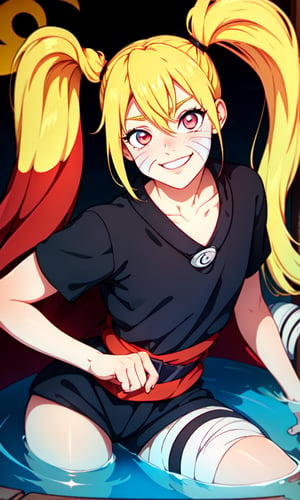 masterpiece, best quality, spectacular, solo, Naruko_Uzumaki, yellow hair, two pigtails, red eyes, animal vertical pupils, small breasts, loli, cheeky smile, straight pose, looks at the viewer, scarlet cloak, hands tied with black bandages, forearms tied with black bandages, black belt, black pants, black t-shirt with the red sign of the whirlpool, perfect eyes, perfect body, perfect anatomy , cartoon, Naruto, 