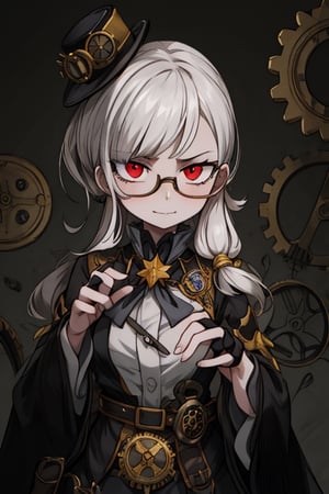 8k resolution, high resolution, masterpiece, intricate details, highly detailed, HD quality, solo, 1girl, loli, Steampunk dress, steampunk hat, top hat, black and gold clothing colors, gears in the background, dark background, white hair, long smooth hair, red eyes, pale skin, thin smile, thoughtful expression, thoughtful look, monocle on the right eye, looking at viewer, rich colors, vibrant colors, detailed eyes, super detailed, extremely beautiful graphics, super detailed skin, best quality, highest quality, high detail, masterpiece, detailed skin, perfect anatomy, perfect body, perfect hands, perfect fingers, complex details, reflective hair, textured hair, best quality, super detailed, complex details, high resolution,  

,A Traditional Japanese Art,Kakure Eria,ARTby Noise,Landidzu,HarryDraws,Shadbase ,Shadman,Glitching,Star vs. the Forces of Evil ,In the style of gravityfalls,Solo Levelling,I’ve Been Killing Slimes for 300 Years