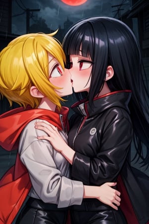 8k resolution, high resolution, masterpiece, intricate details, highly detailed, HD quality, solo, loli, dark background, black desert, scarlet moon,red moon, moon, rain,  2_girls, girls kissing, Naruko uzumaki.red eyes.(Naruko uzumaki has red eyes).blonde.yellow hair.Naruko uzumaki's clothes.black coat.black pants.a gentle expression.a satisfied expression.a playful expression.(Naruko towers over her partner), Hinata Hyuga.dark blue hair.pale lilac eyes.no pupils.Hinata Hugo's clothes.shinobi clothes.grey jacket.black pants.an embarrassed expression.happy recovery.joyful expression, kiss, two girls kissing, naruko and wednesday kissing, spittle, lesbian kiss, yuri, detailed kiss, kiss with tongues, detailed languages, focus on the whole body, the whole body in the frame, small breasts, rich colors, vibrant colors, detailed eyes, super detailed, extremely beautiful graphics, super detailed skin, best quality, highest quality, high detail, masterpiece, detailed skin, perfect anatomy, perfect body, perfect hands, perfect fingers, complex details, reflective hair, textured hair, best quality,super detailed,complex details, high resolution,

,jtveemo,himenoa