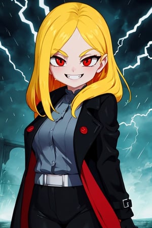 8k resolution, high resolution, masterpiece, long black scaly coat, open coat, yellow hair, white trickster mask,mocking smile painted on the mask,red smile, fanged smile,red eyes painted on the mask,squinted eyes, black gloves, black pants, arms thrown to the side, looking at the viewer, scarlet lightning in the background, rain, thunderstorm, the whole body in the frame, solo, detailed eyes, super detailed, extremely beautiful graphics, super detailed skin, best quality, highest quality, high detail, masterpiece, detailed skin, perfect anatomy, perfect hands, perfect fingers, complex details, reflective hair, textured hair, best quality, super detailed, complex details, high resolution, looking at the viewer, rich colors,Mrploxykun,JCM2