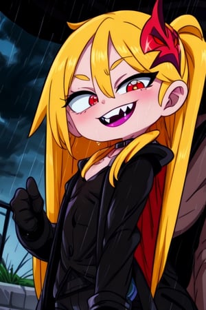 8k resolution, high resolution, masterpiece, long black scaly coat, open coat, yellow hair, white trickster mask,mocking smile painted on the mask,red smile, fanged smile,red eyes painted on the mask,squinted eyes, black gloves, black pants, arms thrown to the side, looking at the viewer, scarlet lightning in the background, rain, thunderstorm, the whole body in the frame, solo, detailed eyes, super detailed, extremely beautiful graphics, super detailed skin, best quality, highest quality, high detail, masterpiece, detailed skin, perfect anatomy, perfect hands, perfect fingers, complex details, reflective hair, textured hair, best quality, super detailed, complex details, high resolution, looking at the viewer, rich colors,Mrploxykun,JCM2