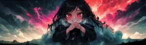 8k resolution, high resolution, masterpiece, intricate details, highly detailed, HD quality, solo, loli, black desert on the background, night, rain, red stars in the sky, scarlet moon, red stars, scarlet cosmos, snowy wasteland, black snow, scarlet lightning, apocalypse, the girl in the share, loli, black hair.long hair.red eyes.glowing eyes.black coat.black pants.a cheeky smile.a cheeky expression.happy expression,

Focus on the whole body, the whole body in the frame, the body is completely in the frame, the body does not leave the frame, detailed hands, detailed fingers, perfect body, perfect anatomy, wet bodies, rich colors, vibrant colors, detailed eyes, super detailed, extremely beautiful graphics, super detailed skin, best quality, highest quality, high detail, masterpiece, detailed skin, perfect anatomy, perfect body, perfect hands, perfect fingers, complex details, reflective hair, textured hair, best quality,super detailed,complex details, high resolution,USA,JCM2,Captain kirb,jtveemo,ChronoTemp ,EpicArt,Mrploxykun