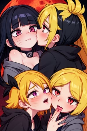 8k resolution, high resolution, masterpiece, intricate details, highly detailed, HD quality, solo, loli, dark background, black desert, scarlet moon,red moon, moon, rain,  2_girls, girls kissing, Naruko uzumaki.red eyes.(Naruko uzumaki has red eyes).blonde.yellow hair.Naruko uzumaki's clothes.black coat.black pants.a gentle expression.a satisfied expression.a playful expression.(Naruko towers over her partner), Hinata Hyuga.dark blue hair.pale lilac eyes.no pupils.Hinata Hugo's clothes.shinobi clothes.grey jacket.black pants.an embarrassed expression.happy recovery.joyful expression, kiss, two girls kissing, naruko and wednesday kissing, spittle, lesbian kiss, yuri, detailed kiss, kiss with tongues, detailed languages, focus on the whole body, the whole body in the frame, small breasts, rich colors, vibrant colors, detailed eyes, super detailed, extremely beautiful graphics, super detailed skin, best quality, highest quality, high detail, masterpiece, detailed skin, perfect anatomy, perfect body, perfect hands, perfect fingers, complex details, reflective hair, textured hair, best quality,super detailed,complex details, high resolution,

,jtveemo,himenoa,Star vs. the Forces of Evil ,Naruto
