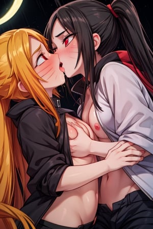 8k resolution, high resolution, masterpiece, intricate details, highly detailed, HD quality, solo, loli, dark background, black desert, scarlet moon,red moon, moon, rain,  2_girls, girls kissing, Naruko uzumaki.red eyes.(Naruko uzumaki has red eyes).blonde.yellow hair.Naruko uzumaki's clothes.black coat.black pants.a gentle expression.a satisfied expression.a playful expression.(Naruko towers over her partner), Karin Uzumaki.scarlet hair.red eyes.Karin Uzumaki's clothes.shinobi clothes.grey T-shirt with cutouts on the sides.black shorts.thoughtful expression.happy recovery.joyful expression, kiss, two girls kissing, naruko and wednesday kissing, spittle, lesbian kiss, yuri, detailed kiss, kiss with tongues, detailed languages, focus on the whole body, the whole body in the frame, small breasts, rich colors, vibrant colors, detailed eyes, super detailed, extremely beautiful graphics, super detailed skin, best quality, highest quality, high detail, masterpiece, detailed skin, perfect anatomy, perfect body, perfect hands, perfect fingers, complex details, reflective hair, textured hair, best quality,super detailed,complex details, high resolution,

,jtveemo,himenoa,Star vs. the Forces of Evil ,Naruto,Landidzu,arcane style,Oerlord,DAGASI,Karin