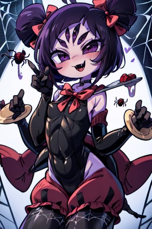 8k resolution, high resolution, masterpiece,  intricate details, highly detailed, HD quality, best quality, vibrant colors, 1girl,muffet,(muffetwear), monster girl,((purple body:1.3)),humanoid, arachnid, anthro,((fangs)),pigtails,hair bows,5 eyes,spider girl,6 arms,solo,clothed,6 hands,detailed hands,((spider webs:1.4)),bloomers,red and black clothing, armwear,  detailed eyes, super detailed, extremely beautiful graphics, super detailed skin, best quality, highest quality, high detail, masterpiece, detailed skin, perfect anatomy, perfect hands, perfect fingers, complex details, reflective hair, textured hair, best quality, super detailed, complex details, high resolution, looking at the viewer, rich colors, ,muffetwear,Shadbase ,JCM2,DAGASI