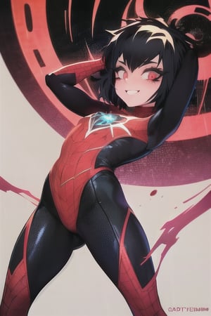 8k resolution, high resolution, masterpiece, intricate details, highly detailed, HD quality, solo, loli, short stature, little girls, only girls, dark background, rain, scarlet moon, crimson moon, moon, moon on the background, science fiction, science fiction city, red neon, blood red neon, burgundy red neon,

Peni Parker.red eyes.shining scarlet eyes.shining eyes.black hair.short haircut.slim build.teenage girl.Spiderman.Marvel.superhero.young woman.slim build.the red web.tight-fitting suit.black and red clothes.black spider print on the chest.black spider emblem.spider print.black print.hood.stretched hood.cheked smile.funny expression.fighting pose,

focus on the whole body, the whole body in the frame, the body is completely in the frame, the body does not leave the frame, detailed hands, detailed fingers, perfect body, perfect anatomy, wet bodies, rich colors, vibrant colors, detailed eyes, super detailed, extremely beautiful graphics, super detailed skin, best quality, highest quality, high detail, masterpiece, detailed skin, perfect anatomy, perfect body, perfect hands, perfect fingers, complex details, reflective hair, textured hair, best quality,super detailed,complex details, high resolution,

,AGGA_ST011,ChronoTemp ,illya,Star vs. the Forces of Evil ,Captain kirb,jtveemo,JCM2,Mrploxykun,Gerph ,Jago,Overlord,Artist,penini,C7b3rp0nkStyle,High detailed ,neon palette,perfecteyes,horror