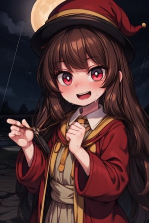 8k resolution, high resolution, masterpiece, intricate details, highly detailed, HD quality, solo, loli, black desert on the background, night, rain, red stars in the sky, scarlet moon, Hermione Granger. Red eyes.brown hair.(Hermione Granger's clothes). the wizard's red robe.a crazy smile.funny expression.a satisfied expression.expression of ecstasy, focus on the whole body, the whole body in the frame, small breasts, vds, looking at viewer, wet, rich colors, vibrant colors, detailed eyes, super detailed, extremely beautiful graphics, super detailed skin, best quality, highest quality, high detail, masterpiece, detailed skin, perfect anatomy, perfect body, perfect hands, perfect fingers, complex details, reflective hair, textured hair, best quality, super detailed, complex details, high resolution,  

,Mrploxykun,Shadbase ,USA,Kanna Kamui ,Hat Kid,Hermione Granger,Captain kirb