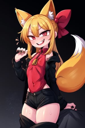 8k resolution, high resolution, masterpiece, intricate details, highly detailed, HD quality, solo, loli, short stature, little girls, only girls, dark background, rain, scarlet moon, crimson moon, moon, moon on the background, 

Red eyes.black sclera.vertical pupil.cat's pupil.glowing eyes.fangs.fox ears.a fox's tail behind his back.claws on the fingers.claw.black claws.small claws.blonde.yellow hair.long hair.straight hair.two ponytails.black scaly coat.black pants.an evil expression.grin.a joyful expression.fighting pose, 

focus on the whole body, the whole body in the frame, the body is completely in the frame, the body does not leave the frame, detailed hands, detailed fingers, perfect body, perfect anatomy, wet bodies, rich colors, vibrant colors, detailed eyes, super detailed, extremely beautiful graphics, super detailed skin, best quality, highest quality, high detail, masterpiece, detailed skin, perfect anatomy, perfect body, perfect hands, perfect fingers, complex details, reflective hair, textured hair, best quality,super detailed,complex details, high resolution,

,jcdDX_soul3142,JCM2,High detailed ,USA,Color magic,AmyRose,Mrploxykun,Sonic,perfecteyes,Artist,AGGA_ST011,AGGA_ST005,rizdraws,fairy_tail_style,Oerlord,illya,hornet,HarryDraws,jtveemo,ChronoTemp ,Star vs. the Forces of Evil ,arcane style,Landidzu,Captain kirb,Saturated colors,Color saturation 