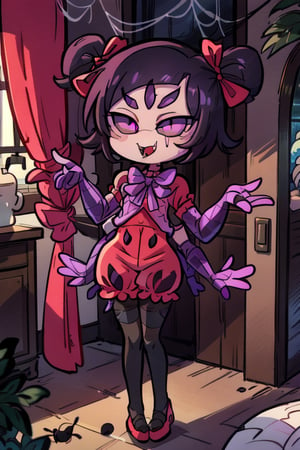 8k resolution, high resolution, masterpiece,  intricate details, highly detailed, HD quality, best quality, vibrant colors, 1girl,muffet,(muffetwear), monster girl,((purple body:1.3)),humanoid, arachnid, anthro,((fangs)),pigtails,hair bows,5 eyes,spider girl,6 arms,solo,clothed,6 hands,detailed hands,((spider webs:1.4)),bloomers,red and black clothing, armwear,  detailed eyes, super detailed, extremely beautiful graphics, super detailed skin, best quality, highest quality, high detail, masterpiece, detailed skin, perfect anatomy, perfect hands, perfect fingers, complex details, reflective hair, textured hair, best quality, super detailed, complex details, high resolution, looking at the viewer, rich colors, ,muffetwear,Shadbase ,JCM2,DAGASI,Oerlord,illya,In the style of gravityfalls
