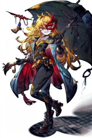 8k resolution, high resolution, masterpiece, long black scaly coat, open coat, yellow hair, white trickster mask,mocking smile painted on the mask,red smile, fanged smile,red eyes painted on the mask,squinted eyes, black gloves, black pants, arms thrown to the side, looking at the viewer, scarlet lightning in the background, rain, thunderstorm, the whole body in the frame, solo, detailed eyes, super detailed, extremely beautiful graphics, super detailed skin, best quality, highest quality, high detail, masterpiece, detailed skin, perfect anatomy, perfect hands, perfect fingers, complex details, reflective hair, textured hair, best quality, super detailed, complex details, high resolution, looking at the viewer, rich colors,Mrploxykun,JCM2,High detailed ,perfecteyes,Color magic,War of the Visions  